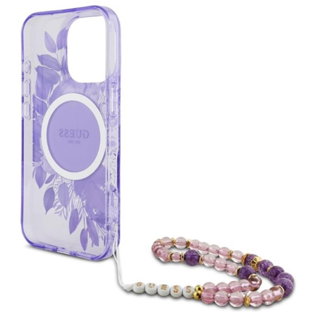 Guess IML Flowers With Pearl Strap MagSafe - Etui iPhone 16 Pro Max (fioletowy) (GUHMP16XHFWBRCESU)