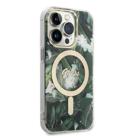 Guess Bundle Pack MagSafe IML Jungle - Zestaw etui + ładowarka MagSafe iPhone 14 Pro Max (khaki/złoty) (GUBPP14XHJEACSA)