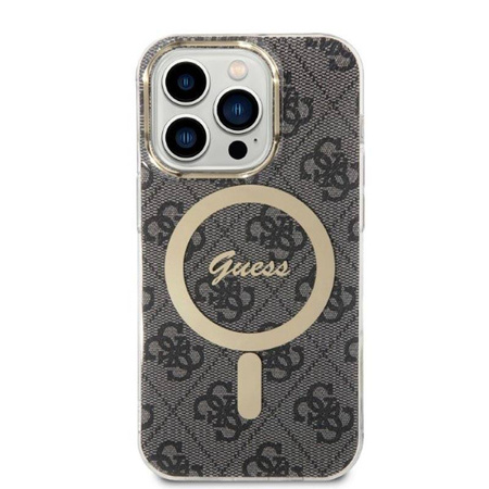 Guess Bundle Pack MagSafe 4G - Zestaw etui + ładowarka MagSafe iPhone 14 Pro Max (czarny/złoty) (GUBPP14XH4EACSK)