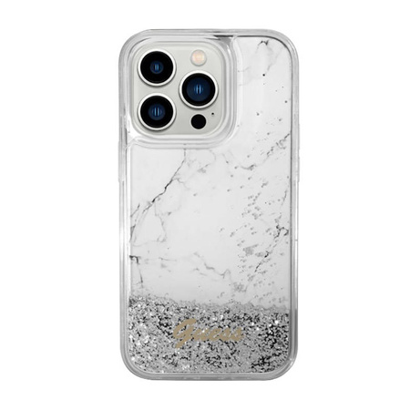 Guess Liquid Glitter Marble - Etui iPhone 14 Pro Max (Biały) (GUHCP14XLCSGSGH)