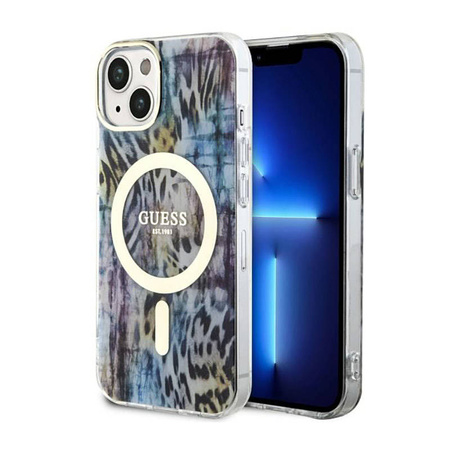 Guess Leopard MagSafe - Etui iPhone 14 (Niebieski) (GUHMP14SHLEOPWB)