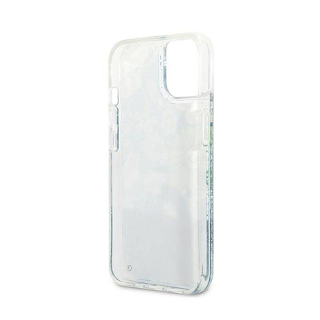 Guess Liquid Glitter Flower – Etui iPhone 13 mini (niebieski/zielony) (GUHCP13SLFLSN)