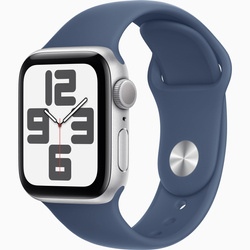 Apple Watch SE GPS 40mm Koperta z aluminium w kolorze srebrnym, pasek sportowy w kolorze denim - M/L (MXED3ET/A)