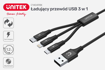 Unitek Kabel Przewód ładujący USB 3 w 1 czarny (C14049BK)