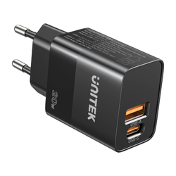 Unitek Ładowarka sieciowa, 1x USB-A, 1x USB-C, QC, PC 3.0, 20W, czarna (P1124ABK01-EU)