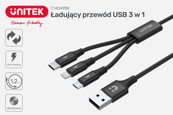 Unitek przewód ładujący USB 3 w 1 czarny (C14049BK)