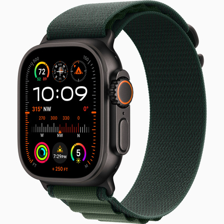 Apple Watch Ultra 2 GPS + Cellular 49mm Koperta z tytanu w kolorze czarnym, Opaska Alpine w kolorze ciemnozielonym - S (MX4Q3WB/A)