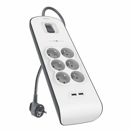 Belkin 2M, 6-portowa listwa + 2x USB-A 2.4A, 650J  (BSV604CA2M)