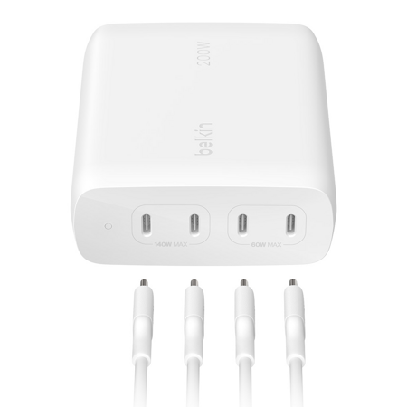 Belkin BoostCharge Pro - Ładowarka sieciowa Power Delivery, 4 porty USB-C, GaN, 200W - biała (WCH015VFWH)