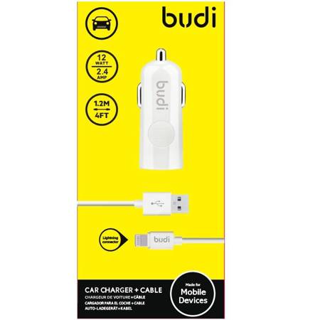 Budi - Ładowarka samochodowa USB + kabel Lightning (Biały) (BD062L)