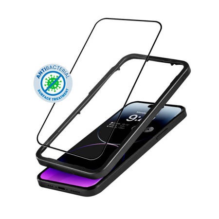Crong Anti-Bacterial 3D Armour Glass - Szkło hartowane 9H na cały ekran iPhone 14 Pro Max + ramka instalacyjna (CRG-AB3DAG-IP14PM)