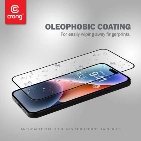 Crong Anti-Bacterial 3D Armour Glass - Szkło hartowane 9H na cały ekran iPhone 14 Pro + ramka instalacyjna (CRG-AB3DAG-IP14P)