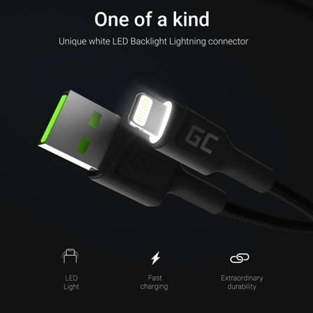 Green Cell Ray - Kabel Przewód USB - Lightning 120cm z białym podświetleniem LED, szybkie ładowanie Apple 2.4A (KABGC05)