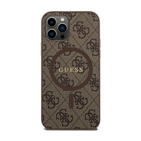 Guess 4G Collection Leather Metal Logo MagSafe - Etui iPhone 12 / iPhone 12 Pro (brązowy) (GUHMP12MG4GFRW)