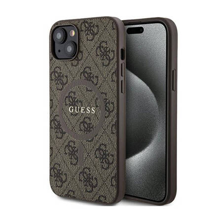 Guess 4G Collection Leather Metal Logo MagSafe - Etui iPhone 15 Plus / 14 Plus (brązowy) (GUHMP15MG4GFRW)