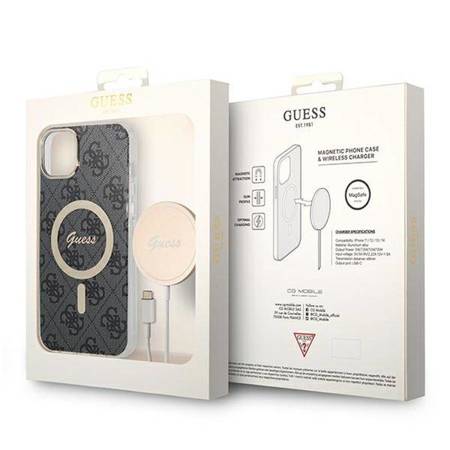 Guess Bundle Pack MagSafe 4G - Zestaw etui + ładowarka MagSafe iPhone 14 Plus (czarny/złoty) (GUBPP14MH4EACSK)