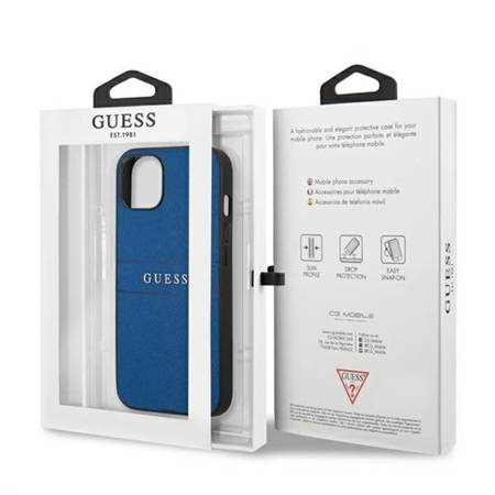 Guess Saffiano Metal Logo Stripes - Etui iPhone 13 mini (niebieski) (GUHCP13SPSASBBL)