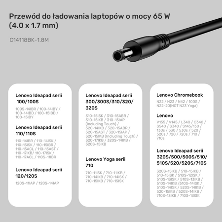Kabel zasilający do Lenovo 65W USB-C - DC4,0mm - czarny (C14118BK-1.8M)