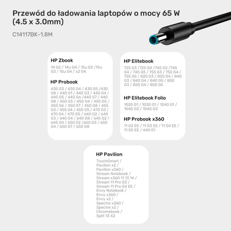 Kabel zasilający do laptopa HP 65W USB-C - DC 4,5mm - czarny (C14117BK-1.8M)