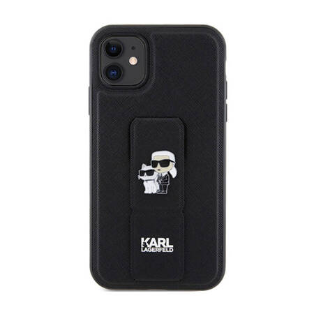 Karl Lagerfeld Gripstand Saffiano Karl & Choupette Pins - Etui iPhone 11 (czarny) (KLHCN61GSAKCPK)