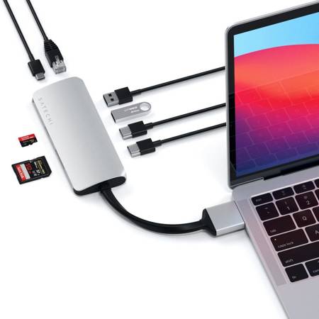 Satechi Hub z Dual USB-C na 2xHDMI, Ethernet, 2 x USB 3.0, USB-C PD, micro/SD - Srebrny (ST-TCDMMAS)