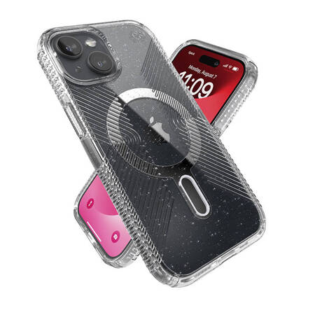 Speck Presidio Lux Grip ClickLock & Magsafe - Etui iPhone 15 / iPhone 14 / iPhone 13 (Clear / Platinium Glitter / Chrome Finish / Serene Silver) (150546-3224)