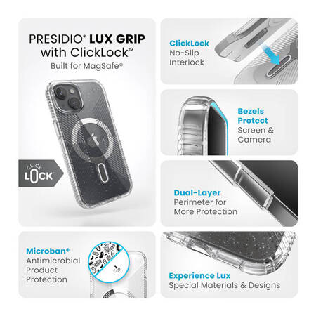 Speck Presidio Lux Grip ClickLock & Magsafe - Etui iPhone 15 / iPhone 14 / iPhone 13 (Clear / Platinium Glitter / Chrome Finish / Serene Silver) (150546-3224)