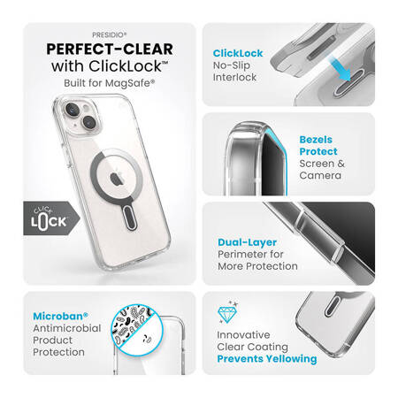 Speck Presidio Perfect-Clear ClickLock & Magsafe - Etui iPhone 15 Plus / iPhone 14 Plus (Clear / Chrome Finish / Serene Silver) (150457-3199)