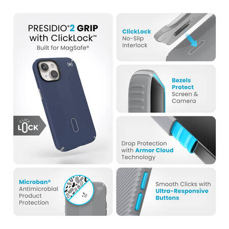 Speck Presidio2 Grip ClickLock & Magsafe - Etui iPhone 15 / iPhone 14 / iPhone 13 (Coastal Blue / Dustgrey / White) (150439-3206)