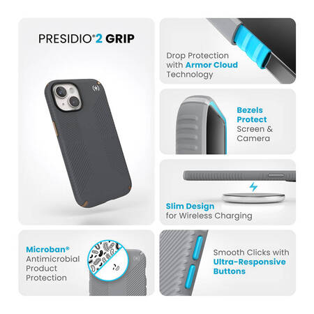 Speck Presidio2 Grip - Etui iPhone 15 / iPhone 14 / iPhone 13 (Charcoal Grey / Cool Bronze / White) (150473-3212)