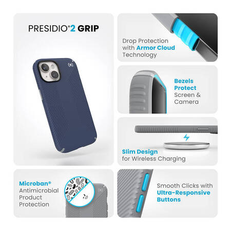 Speck Presidio2 Grip - Etui iPhone 15 / iPhone 14 / iPhone 13 (Coastal Blue / Dustgrey / White) (150473-3206)