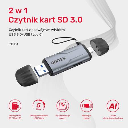 Unitek Czytnik kart SD/microSD USB-A 5Gbps/USB-C (R1010A)