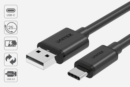 Unitek Kabel Przewód  USB-A — USB-C krótki 25cm (Y-C480BK)