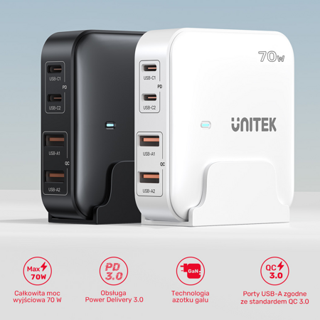 Unitek Ładowarka biurkowa GaN 70W 2xUSB-A 2xUSB-C - czarny (P1228ABK01-EU)