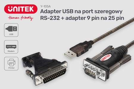 Unitek konwerter USB-A- RS-232 z adap.DB9F/DB25M- czarny (Y-105A)