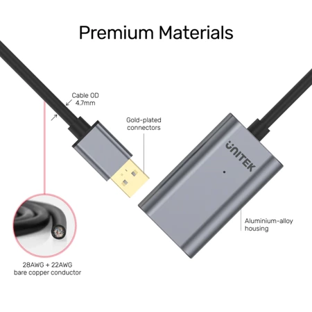 Unitek wzmacniacz sygnalu USB 2.0 5M Premium - srebrno-czarny (Y-271)