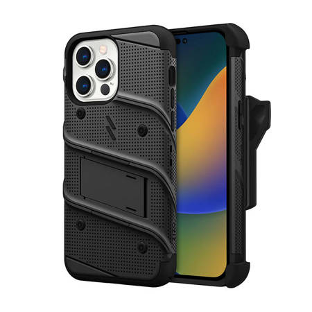 ZIZO BOLT Series - Pancerne etui iPhone 14 Pro Max ze szkłem 9H na ekran + uchwyt z podstawką (czarny) (BOLT-IPH14PROMAX-BKBK)