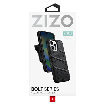 ZIZO BOLT Series - Pancerne etui iPhone 14 Pro Max ze szkłem 9H na ekran + uchwyt z podstawką (czarny) (BOLT-IPH14PROMAX-BKBK)